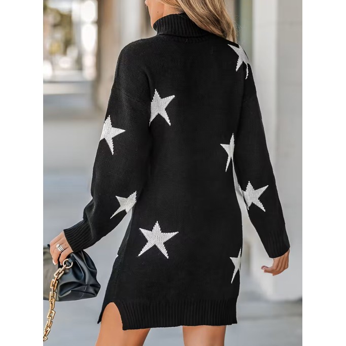 Women's Star Print Turtleneck Mini Sweater Dress